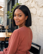 Lifestyle view of a natural black glueless bob human hair wig