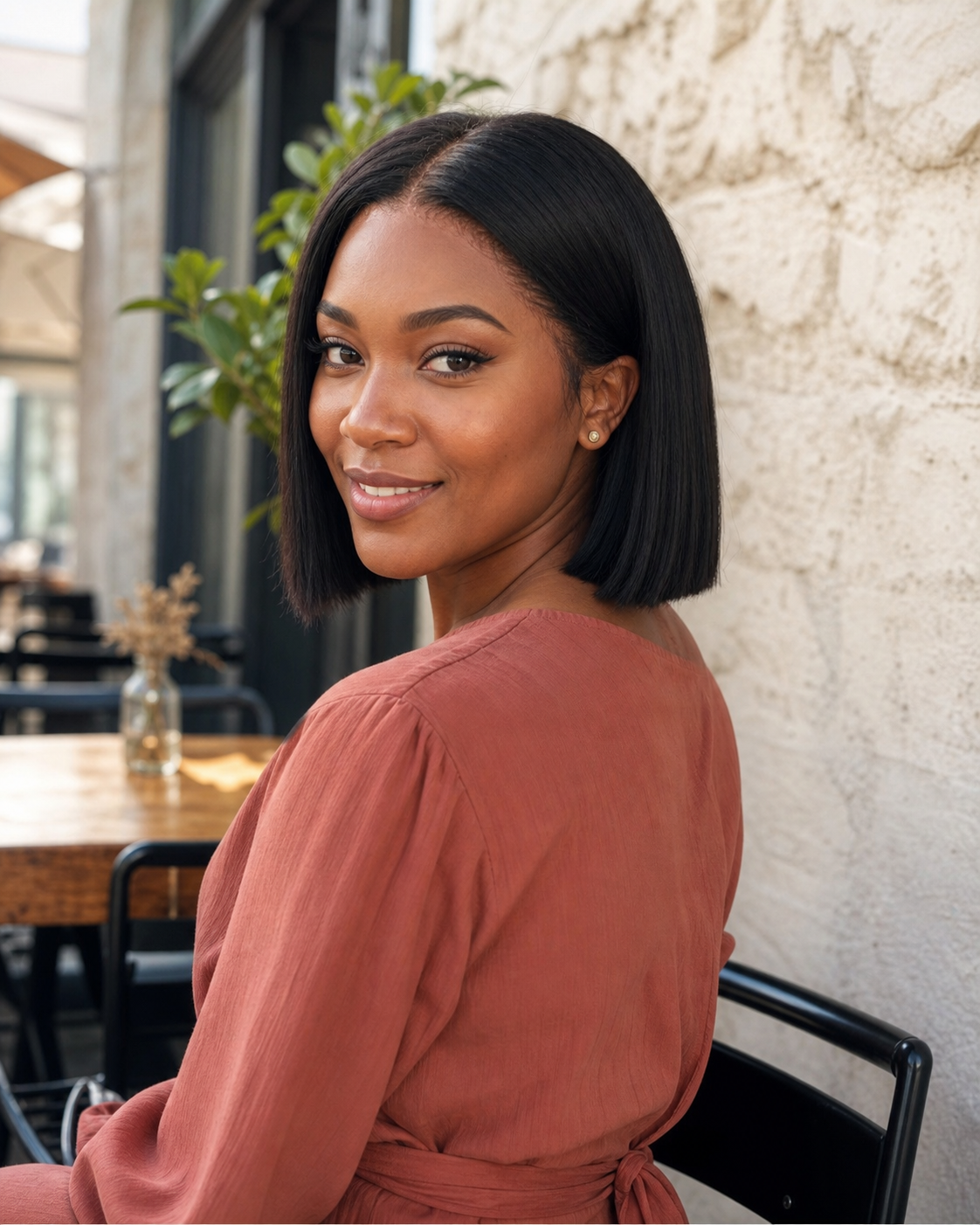 Lifestyle view of a natural black glueless bob human hair wig