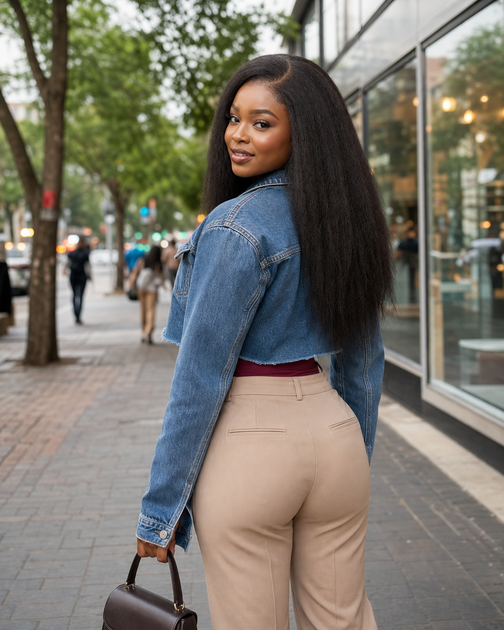 Lifestyle view of a natural black kinky straight glueless human hair wig