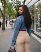 Lifestyle view of a natural black kinky straight glueless human hair wig