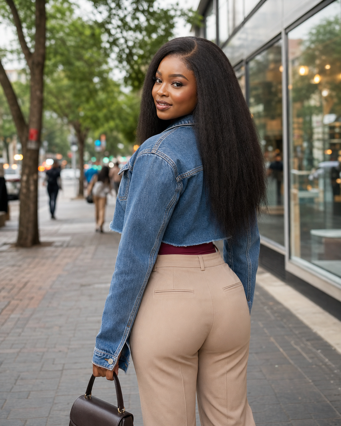 Lifestyle view of a natural black kinky straight glueless human hair wig