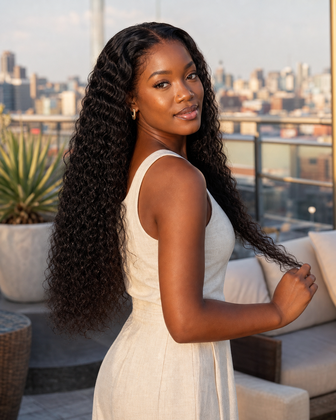 Lifestyle view of a natural black water wave glueless human hair wig