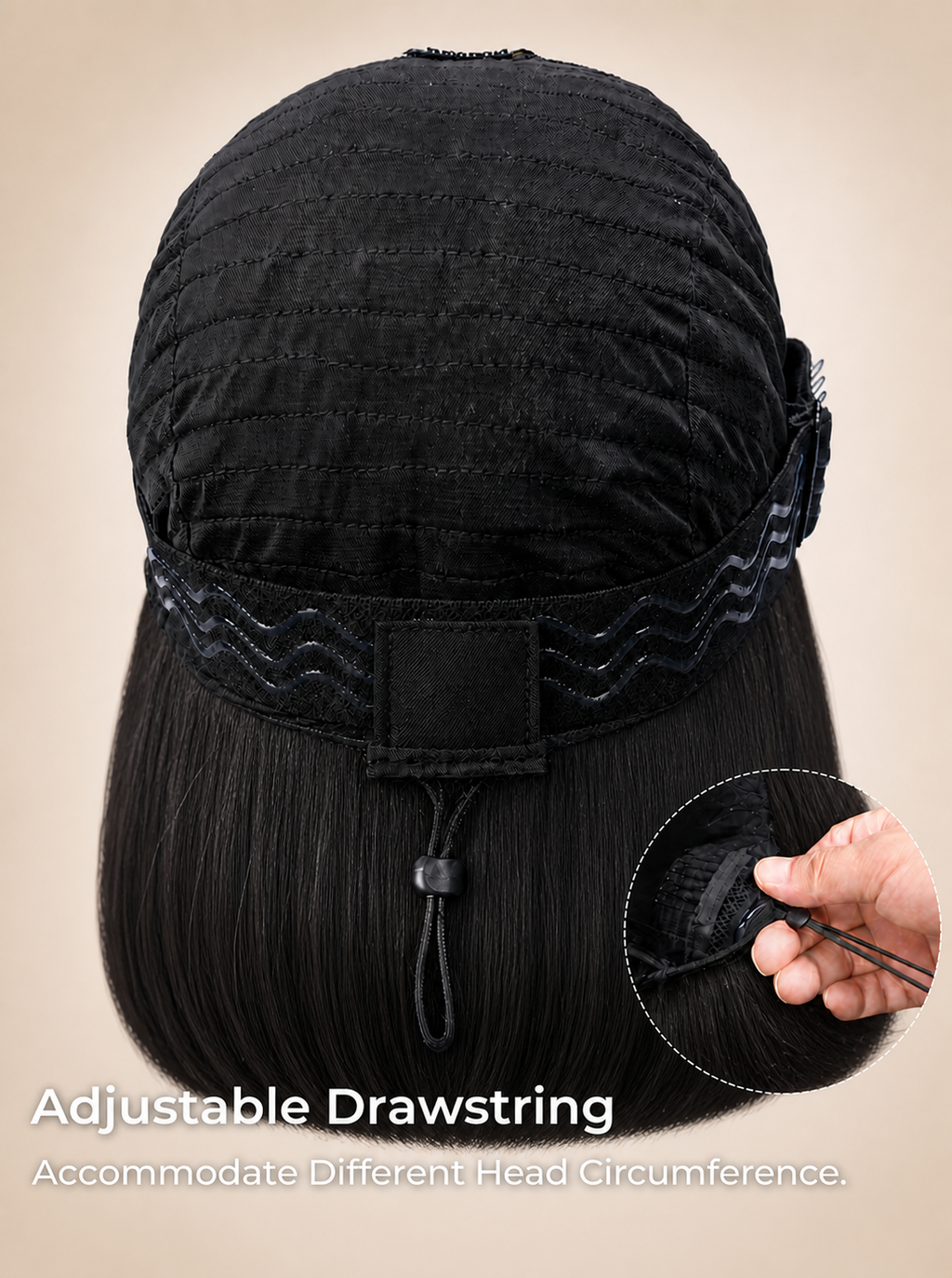 Natural black straight glueless wig adjustable drawstring cap