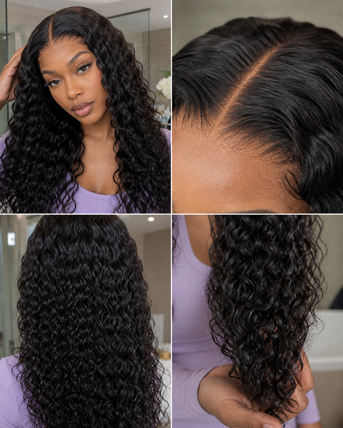 Hairline, water wave texture and length details of a natural black human hair wig