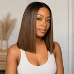 T1B/4 ombre brown 5x5 lace bob wig on model – natural middle part