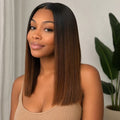Model wearing T1B/4 ombre brown glueless bone straight Vietnamese human hair wig
