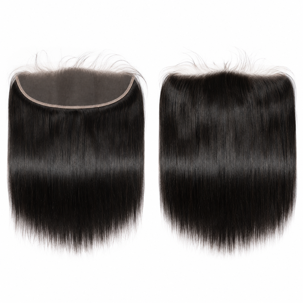 Two 13x4 human hair lace frontals in natural black with straight silky hair
