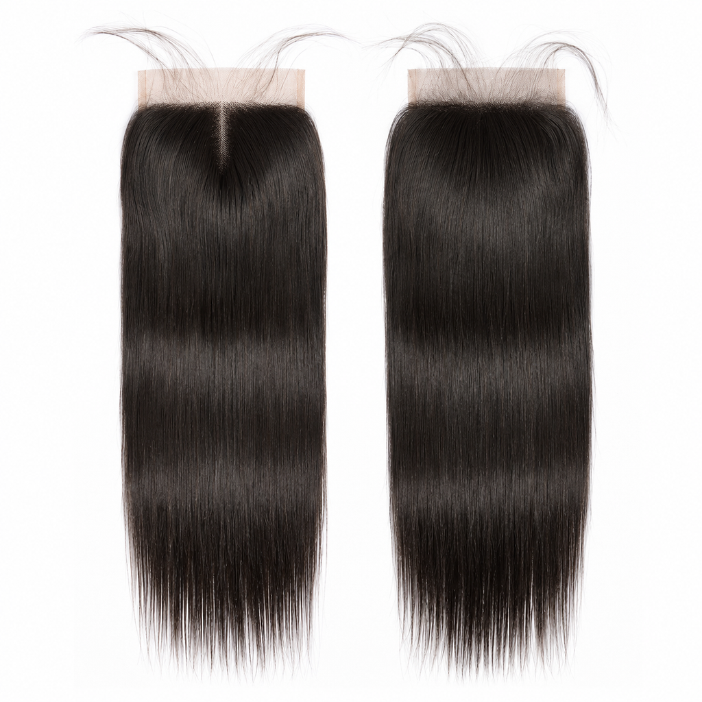 Two 4x4 straight human hair lace closures in natural black with visible lace