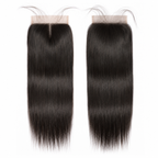 Two 4x4 straight human hair lace closures in natural black with visible lace