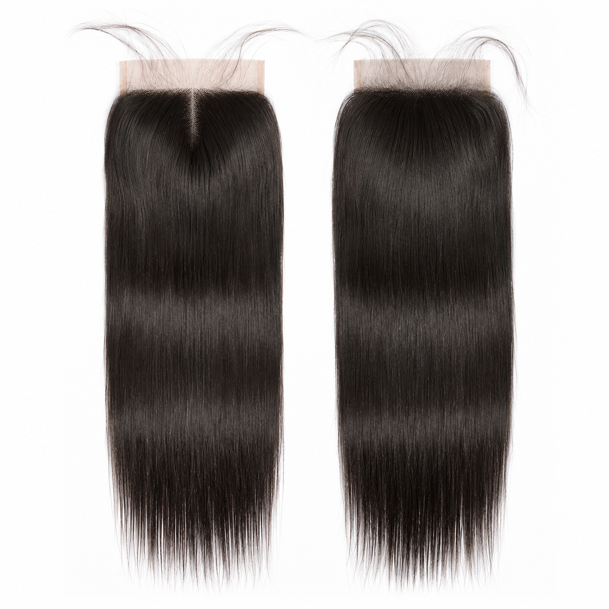 Two 4x4 straight human hair lace closures in natural black with visible lace