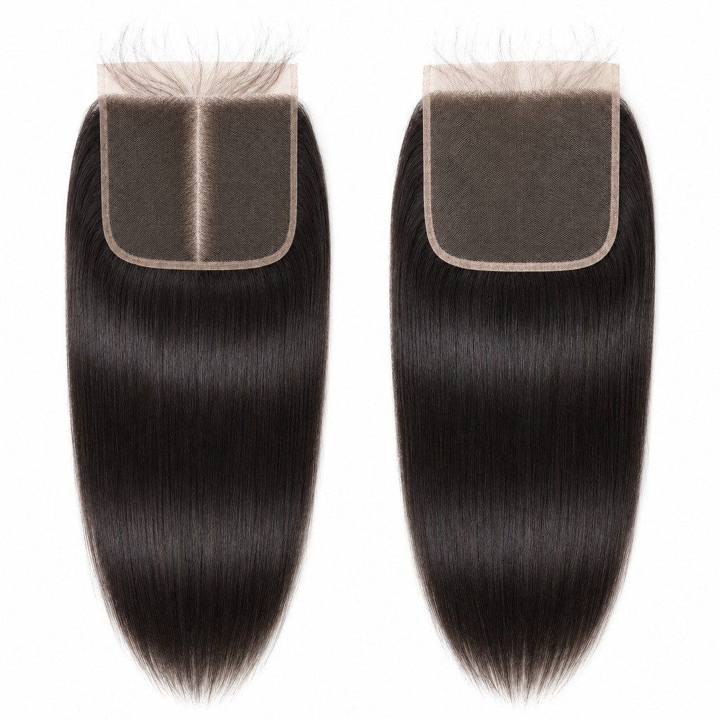 Two 5x5 straight human hair lace closures in natural black with visible lace