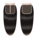 Two 5x5 straight human hair lace closures in natural black with visible lace