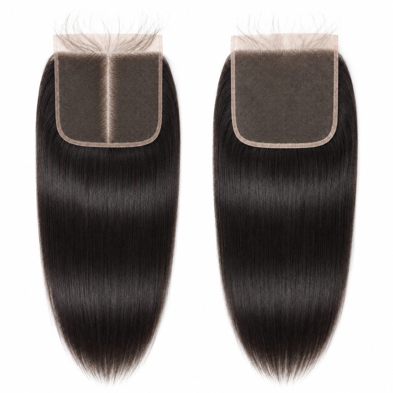 Two 5x5 straight human hair lace closures in natural black with visible lace